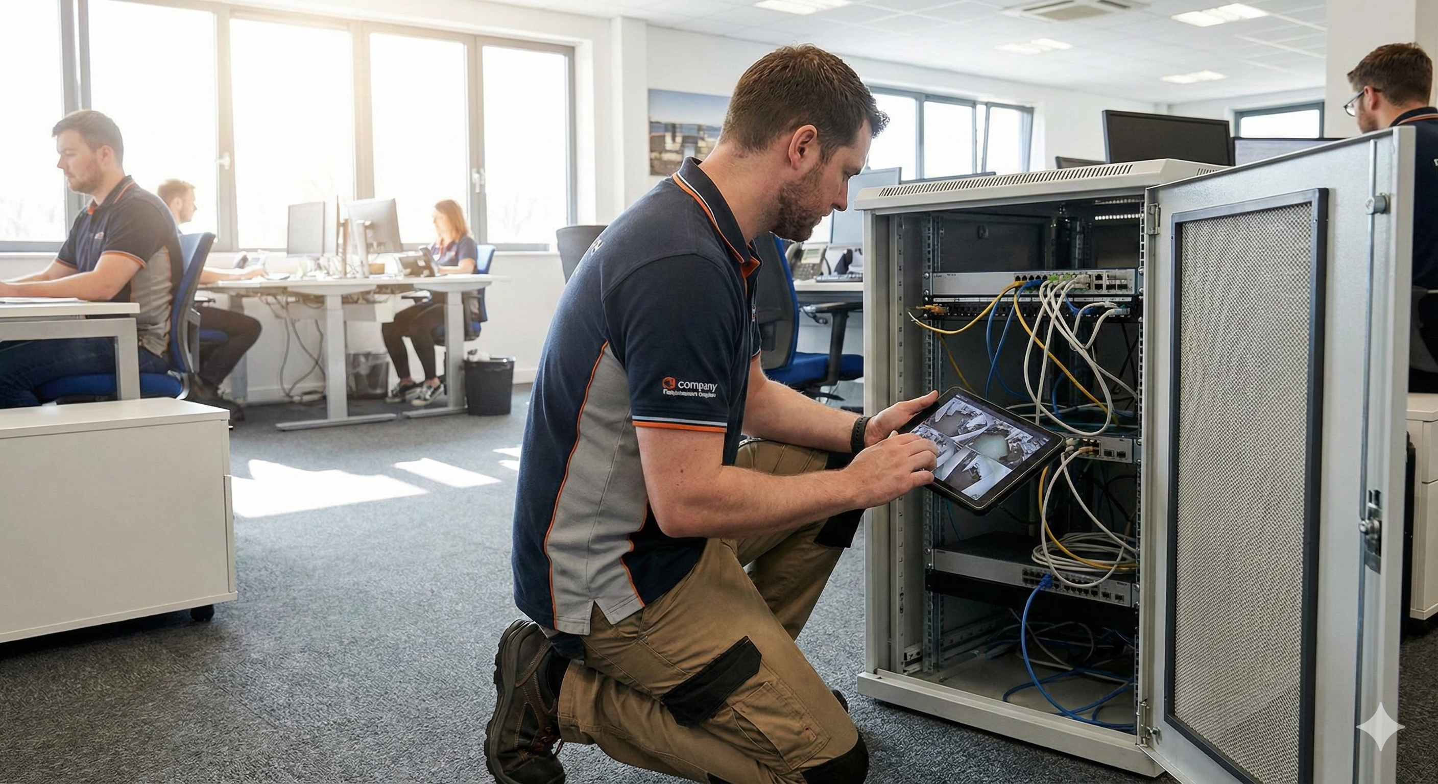 Technical team collaborating on network solutions